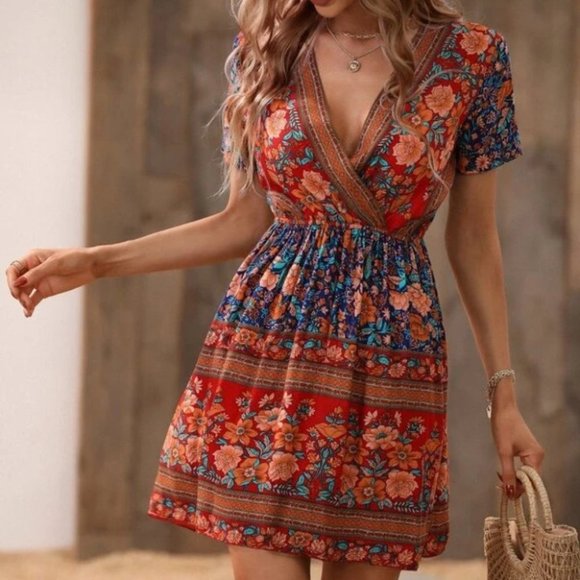 Boho Floral Multi color Surplice Neck Mini Dress - Picture 2 of 7